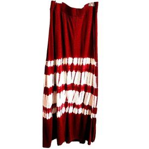 Roz & Ali Size L Tie Dye Knit Maxi Skirt Red Maroon White Striped Elastic Waist